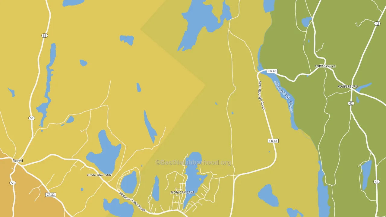 Map of the best neighborhoods in the Kohlertown area, with better matches in green and worse matches in red