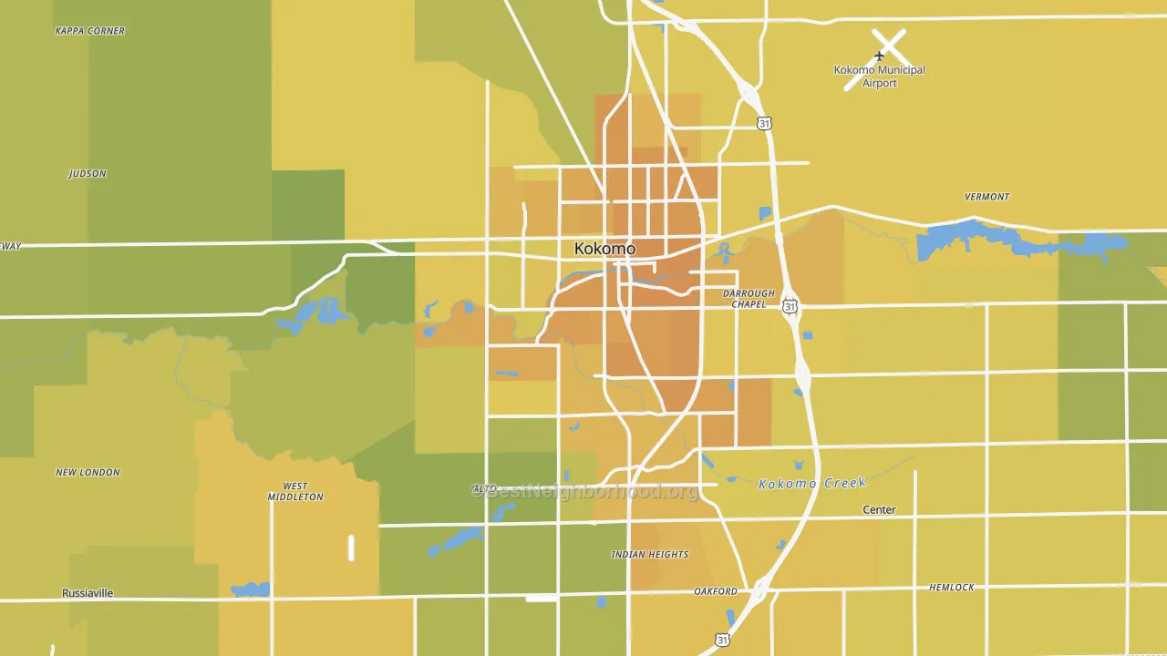 Map of the best neighborhoods in the Kokomo Metro area, with better matches in green and worse matches in red