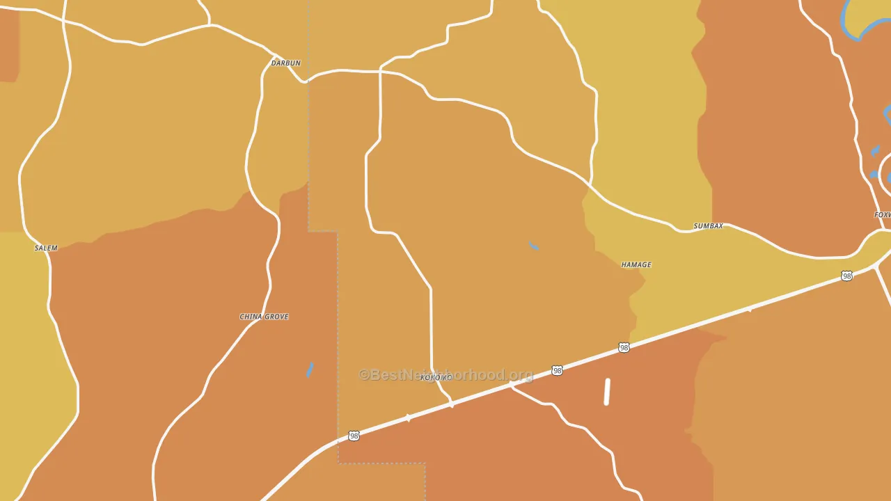 Map of the best neighborhoods in the Kokomo area, with better matches in green and worse matches in red