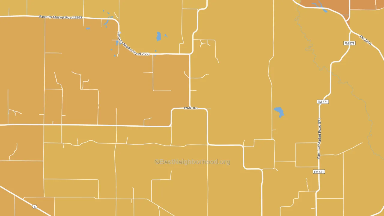 Map of the best neighborhoods in the Kokomo area, with better matches in green and worse matches in red