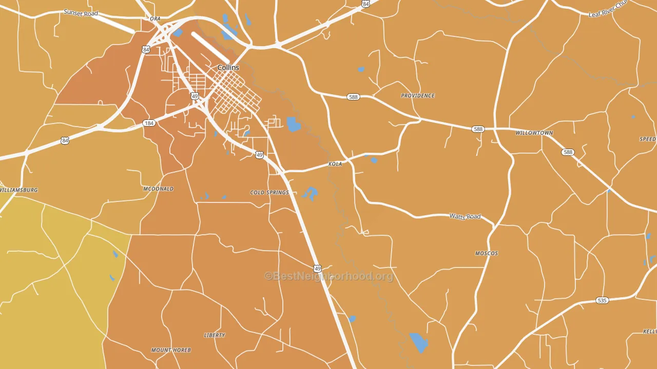 Map of the best neighborhoods in the Kola area, with better matches in green and worse matches in red