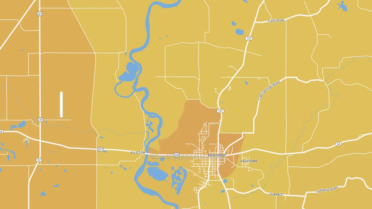 Map of the best neighborhoods in the Koleen area, with better matches in green and worse matches in red