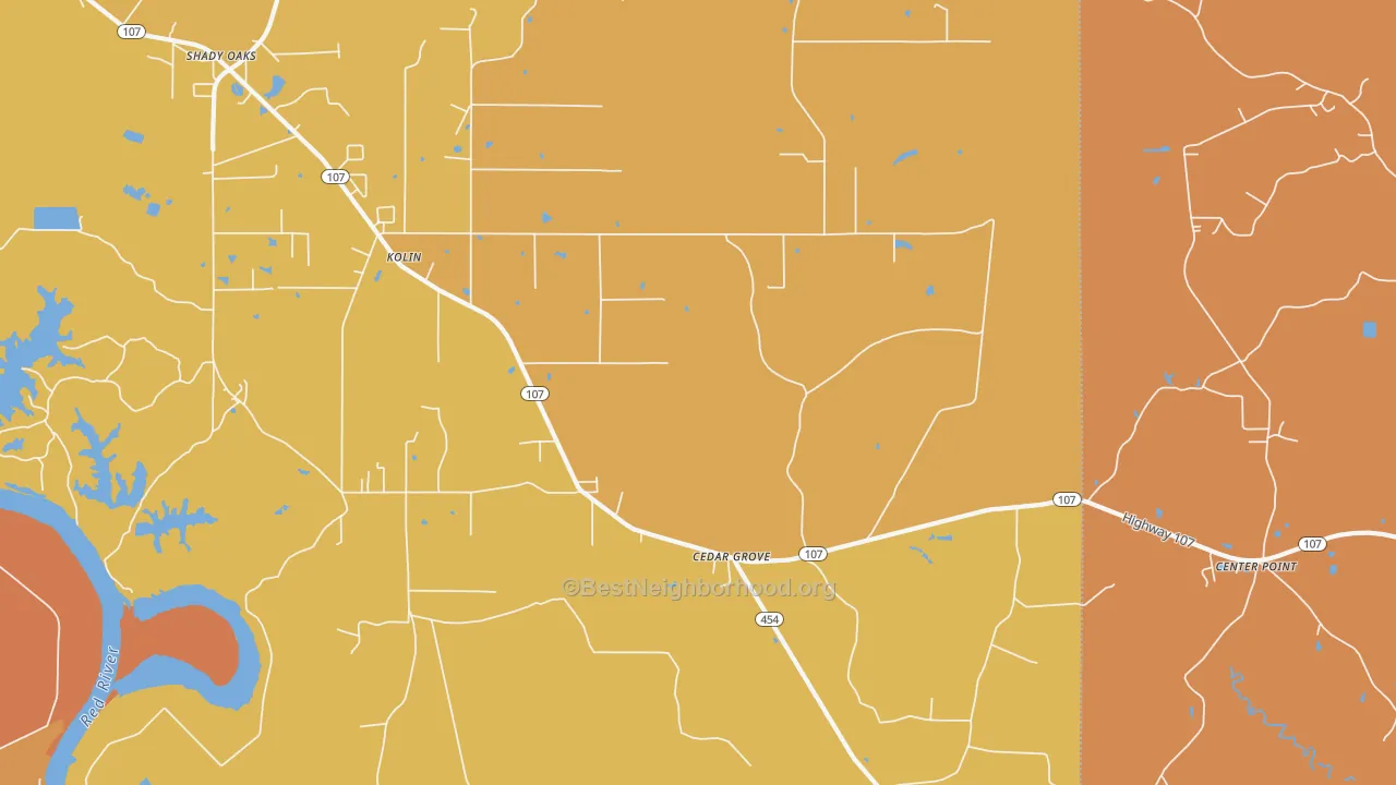 Map of the best neighborhoods in the Kolin area, with better matches in green and worse matches in red