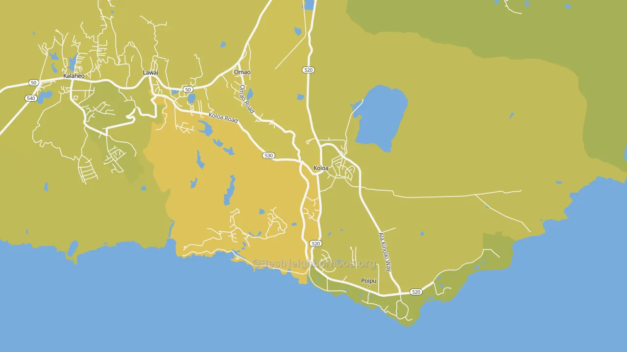 Map of the best neighborhoods in the Koloa area, with better matches in green and worse matches in red