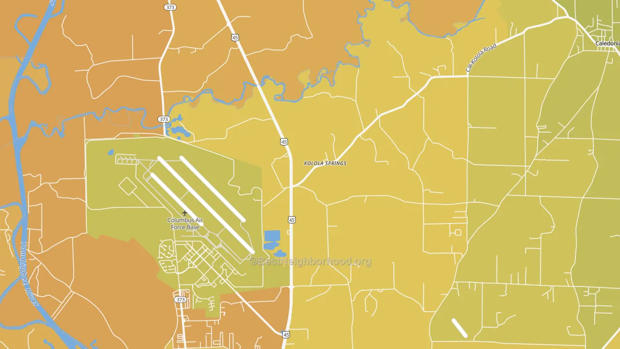 Map of the best neighborhoods in the Kolola Springs area, with better matches in green and worse matches in red