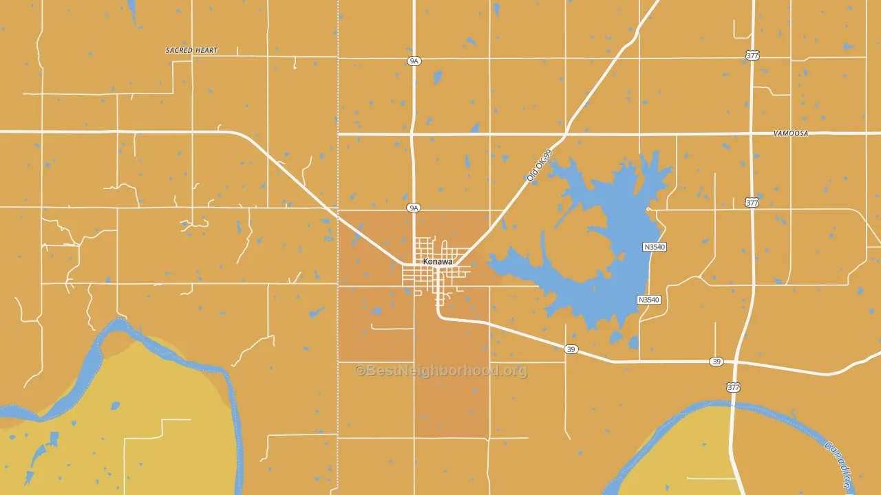 Map of the best neighborhoods in the Konawa area, with better matches in green and worse matches in red