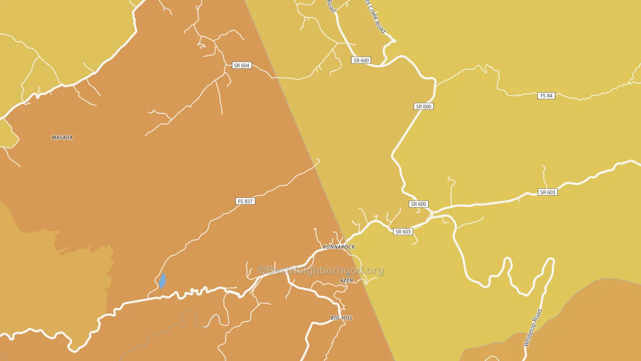 Map of the best neighborhoods in the Konnarock area, with better matches in green and worse matches in red