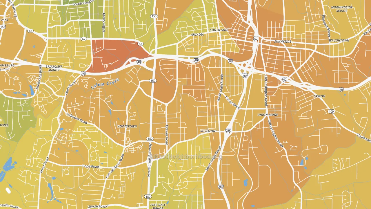 Map of the best neighborhoods in the Konnoak, Winston-Salem area, with better matches in green and worse matches in red