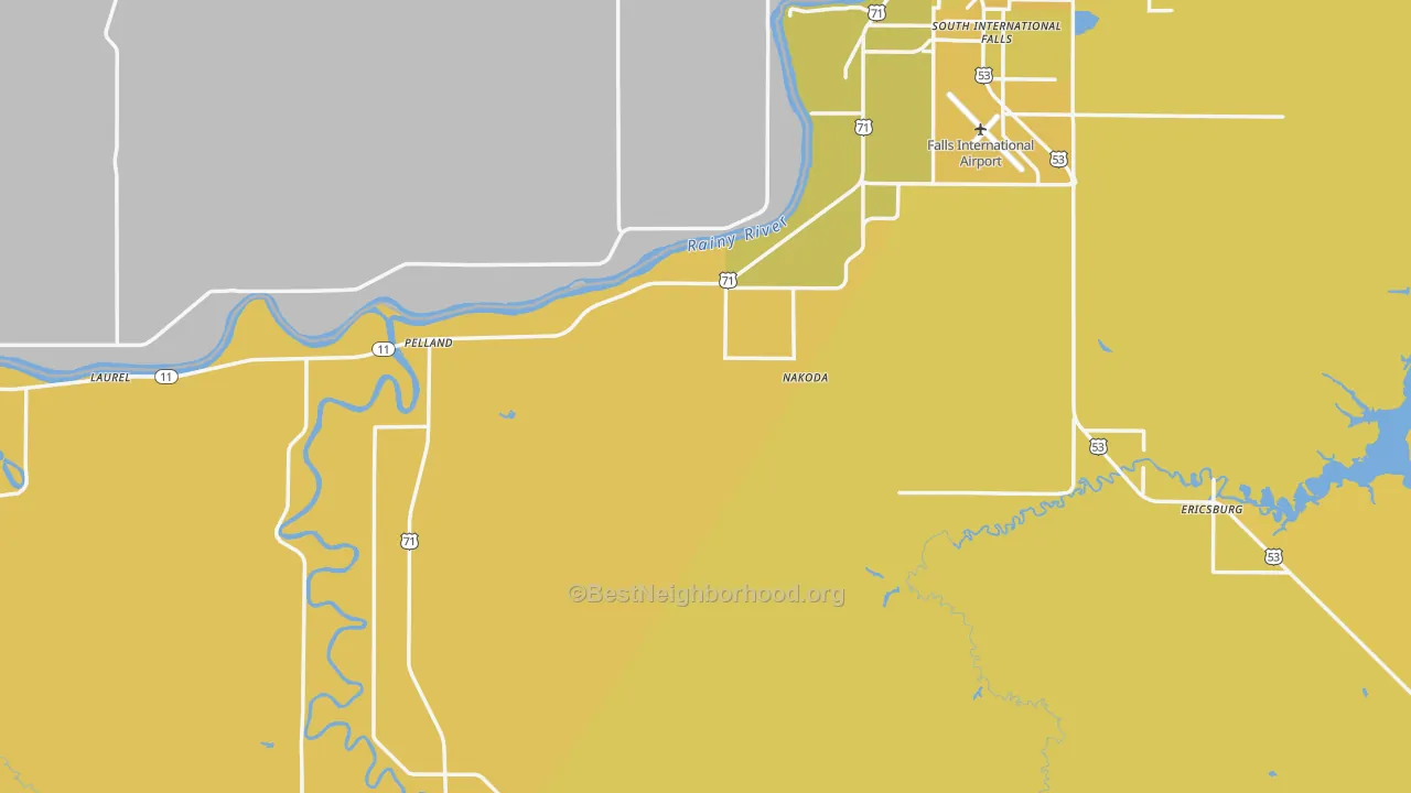 Map of the best neighborhoods in the Koochiching County area, with better matches in green and worse matches in red