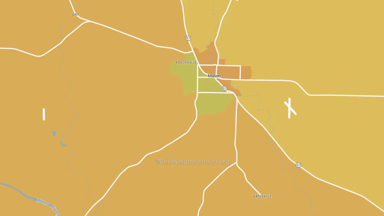 Map of the best neighborhoods in the Koockville area, with better matches in green and worse matches in red