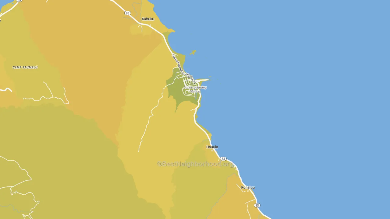 Map of the best neighborhoods in the Koolauloa, Laie area, with better matches in green and worse matches in red