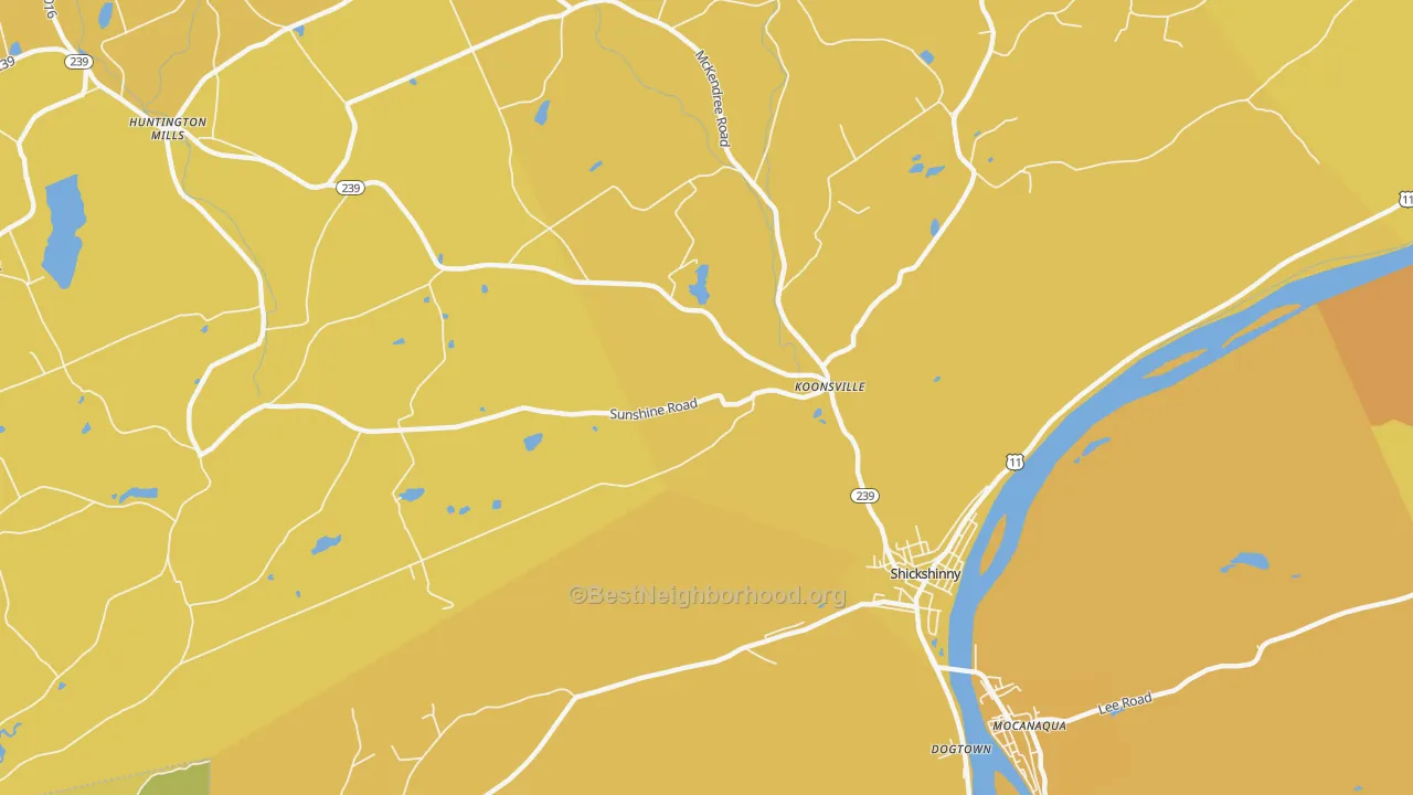 Map of the best neighborhoods in the Koonsville area, with better matches in green and worse matches in red