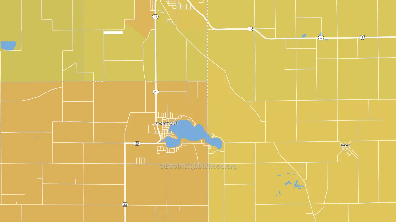 Map of the best neighborhoods in the Koontz Lake area, with better matches in green and worse matches in red