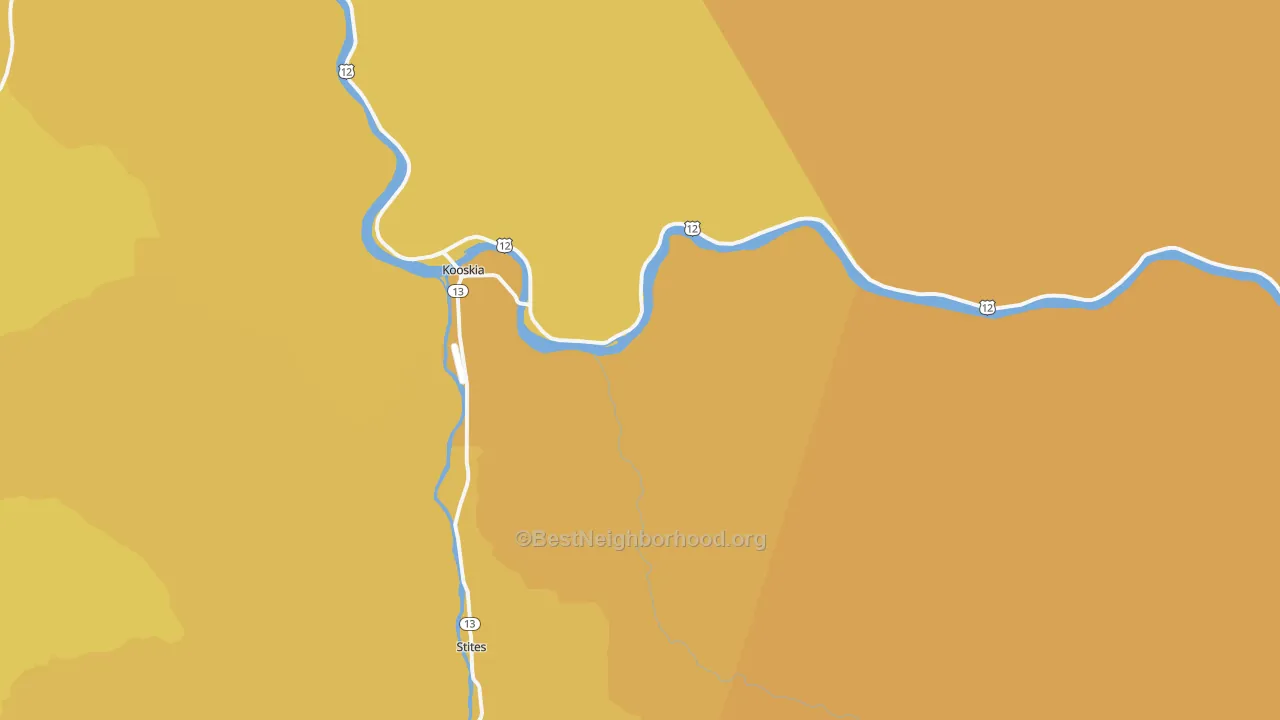 Map of the best neighborhoods in the Kooskia area, with better matches in green and worse matches in red