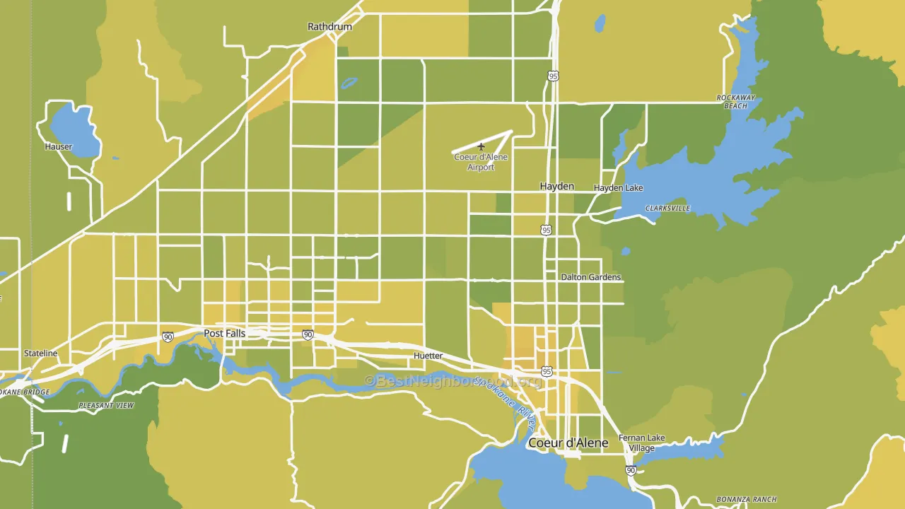 Map of the best neighborhoods in the Kootenai County area, with better matches in green and worse matches in red