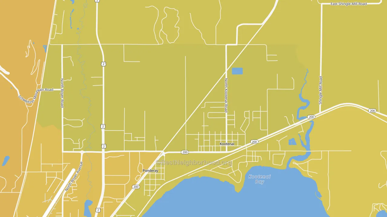 Map of the best neighborhoods in the Kootenai area, with better matches in green and worse matches in red