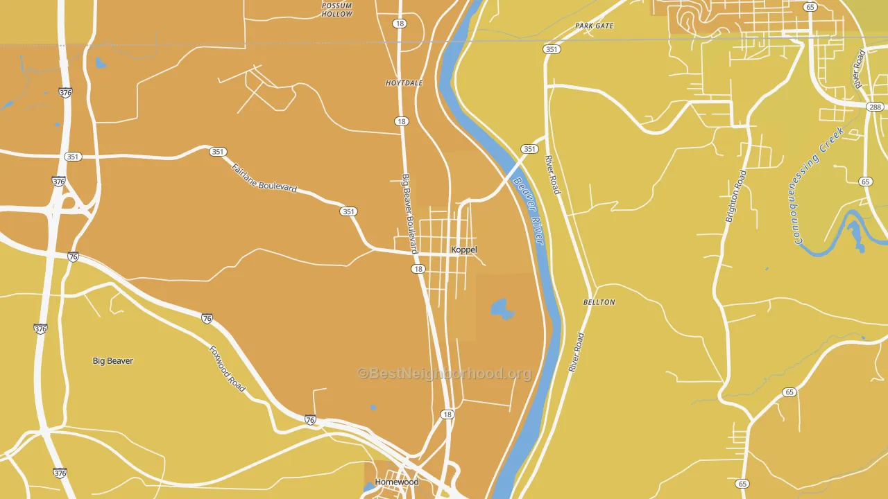 Map of the best neighborhoods in the Koppel area, with better matches in green and worse matches in red