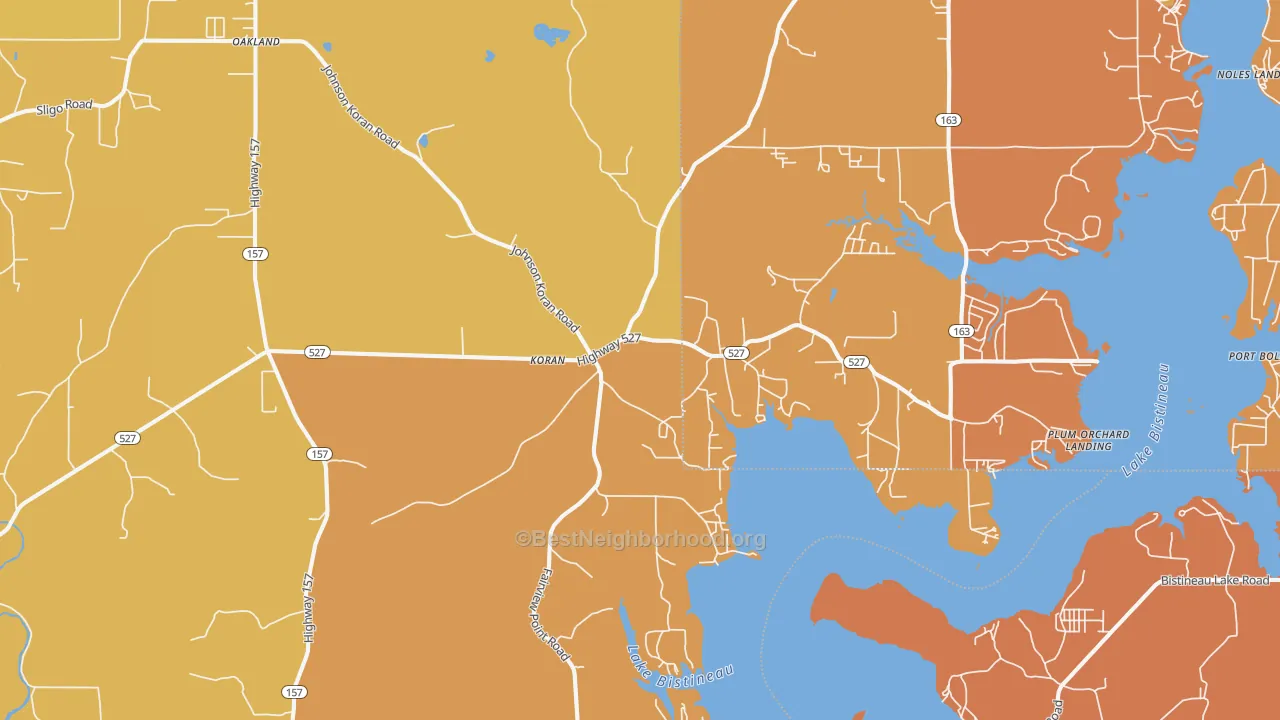 Map of the best neighborhoods in the Koran area, with better matches in green and worse matches in red