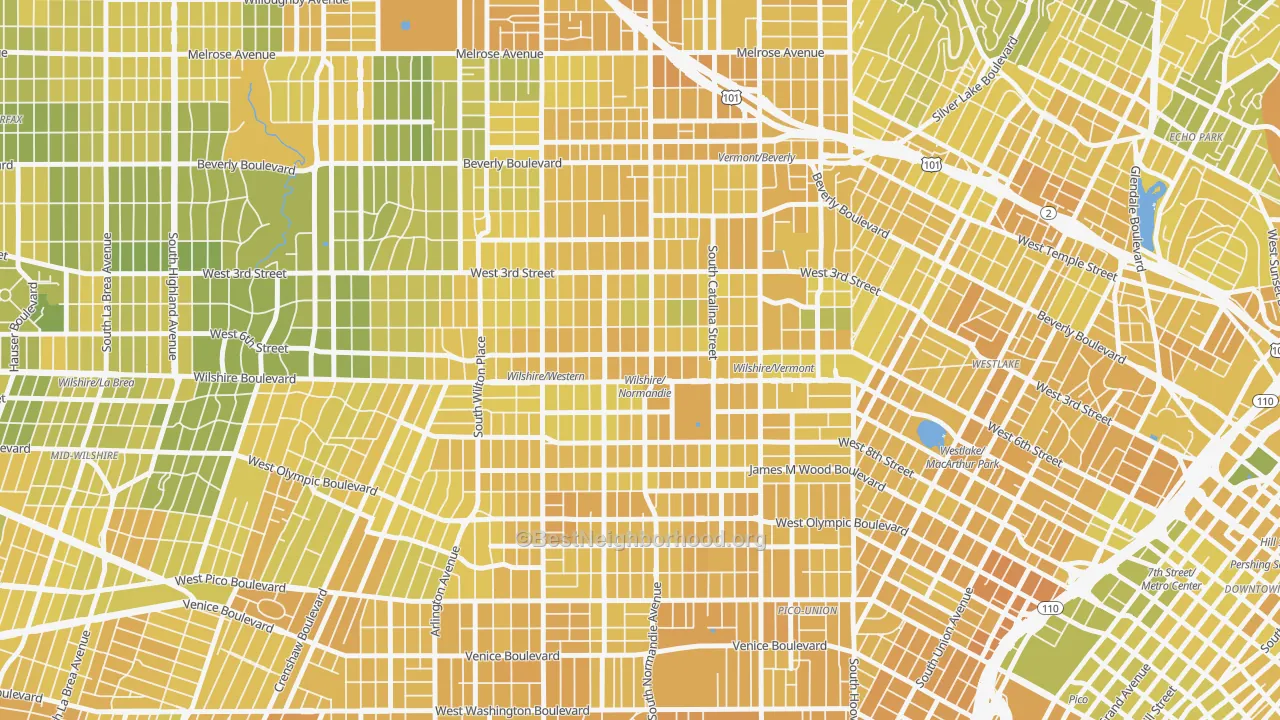 Map of the best neighborhoods in the Koreatown, Los Angeles area, with better matches in green and worse matches in red