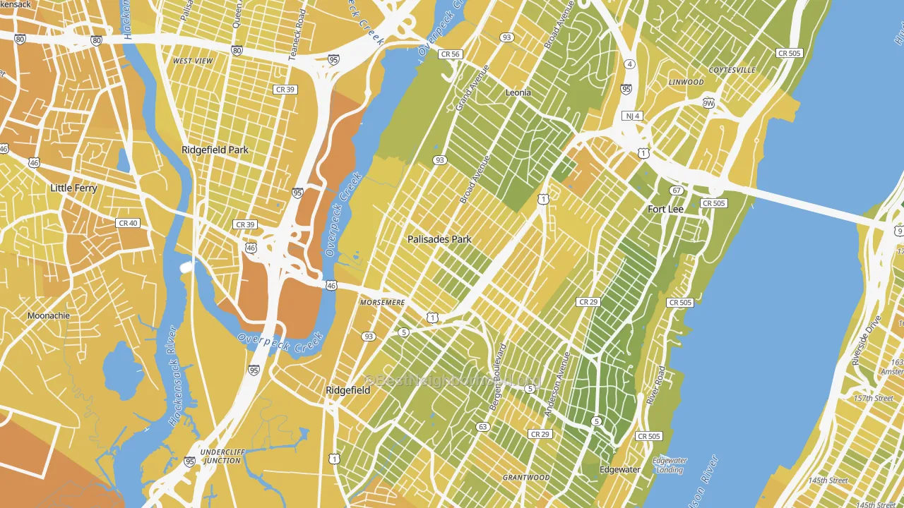 Map of the best neighborhoods in the Koreatown, Palisades Park area, with better matches in green and worse matches in red
