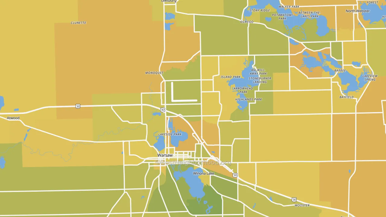 Map of the best neighborhoods in the Kosciusko County area, with better matches in green and worse matches in red
