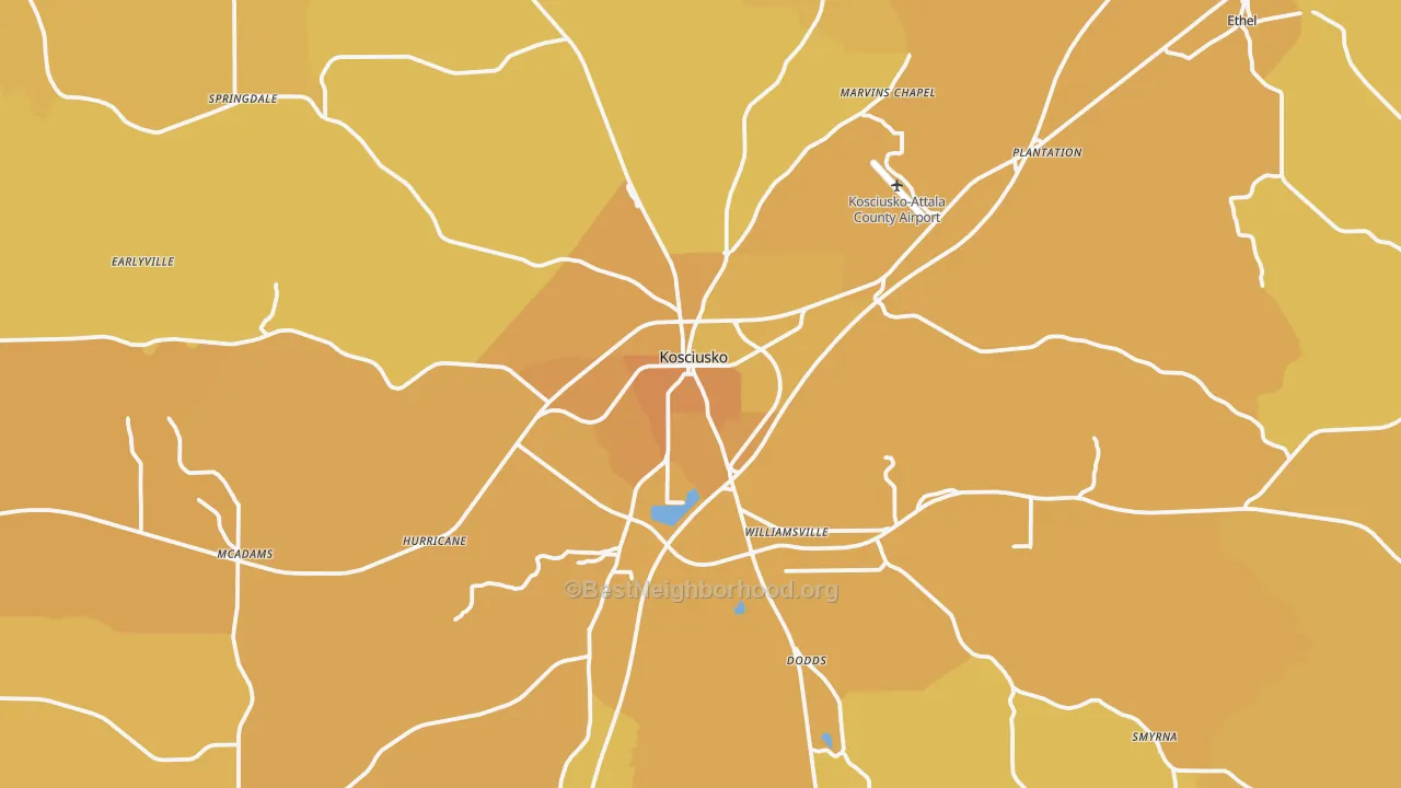 Map of the best neighborhoods in the Kosciusko area, with better matches in green and worse matches in red