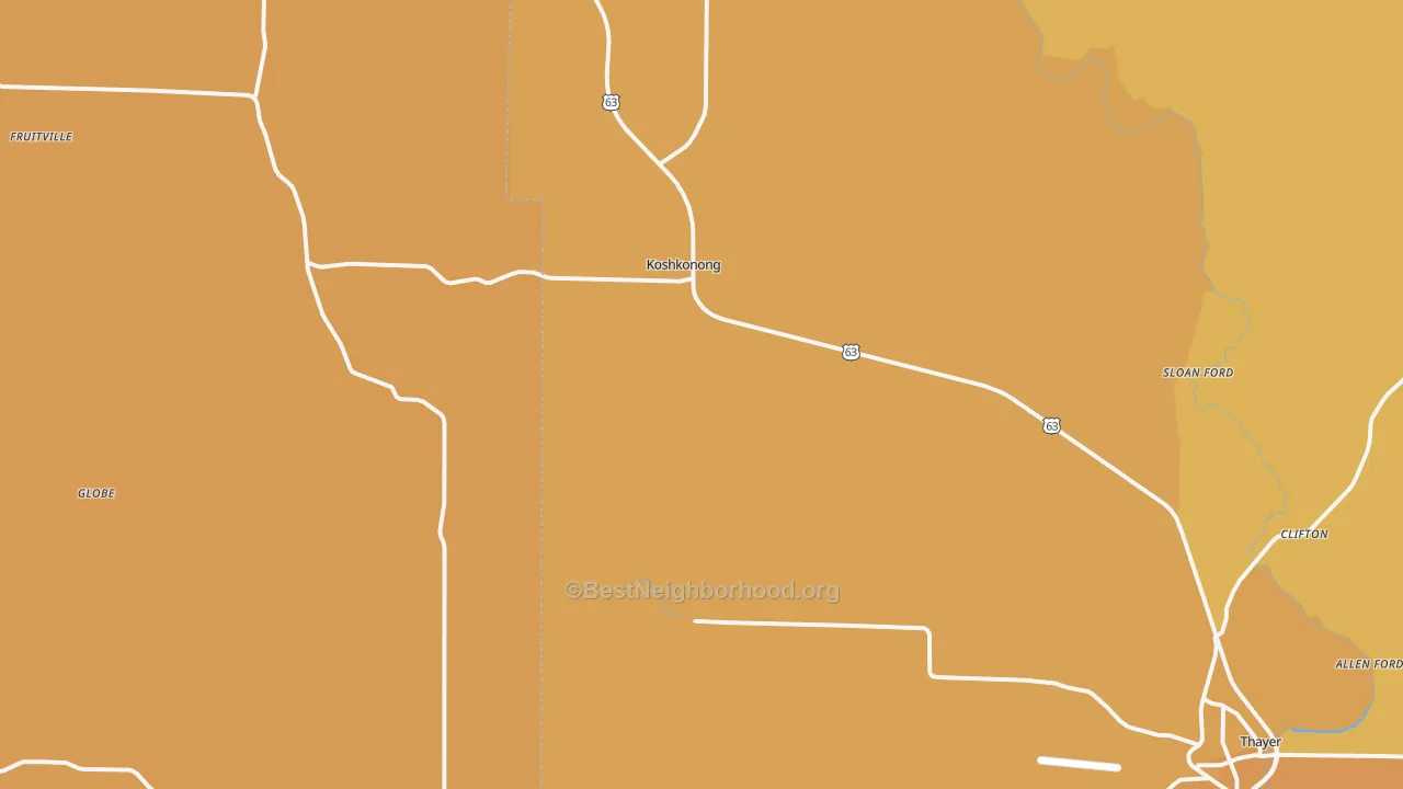 Map of the best neighborhoods in the Koshkonong area, with better matches in green and worse matches in red