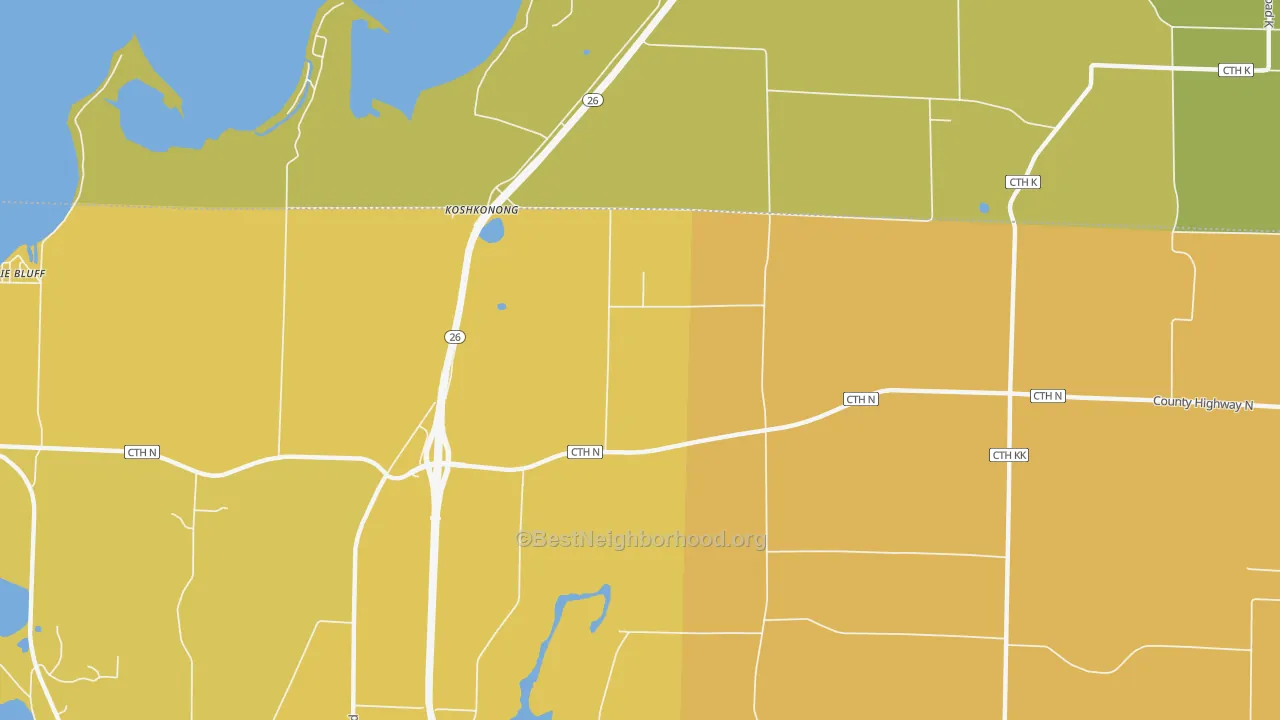 Map of the best neighborhoods in the Koshkonong area, with better matches in green and worse matches in red