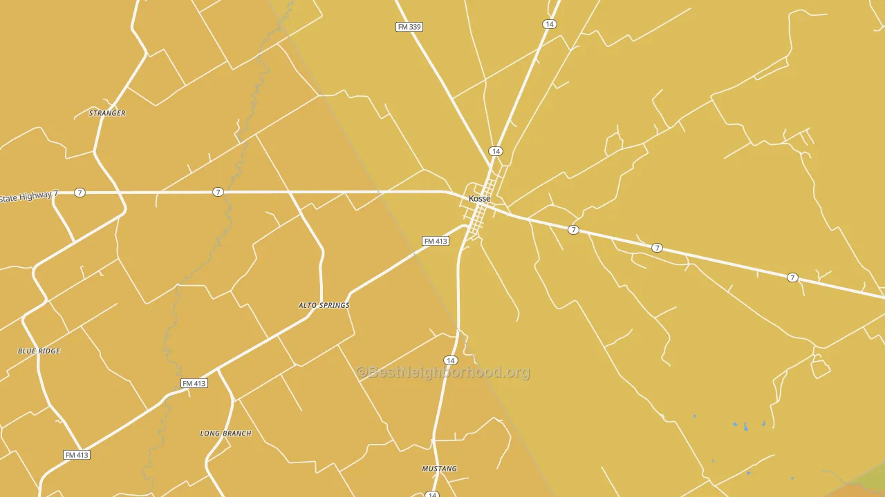 Map of the best neighborhoods in the Kosse area, with better matches in green and worse matches in red