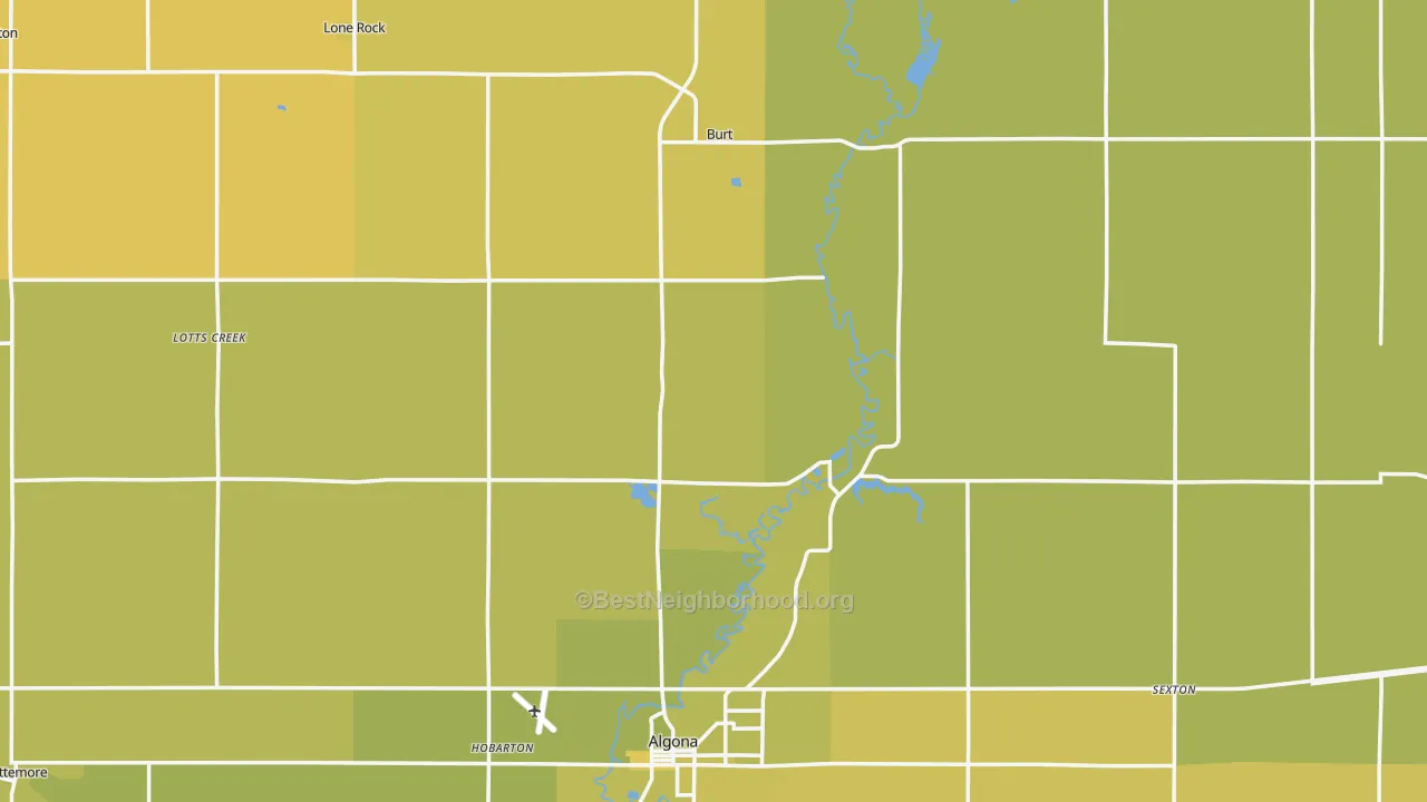Map of the best neighborhoods in the Kossuth County area, with better matches in green and worse matches in red