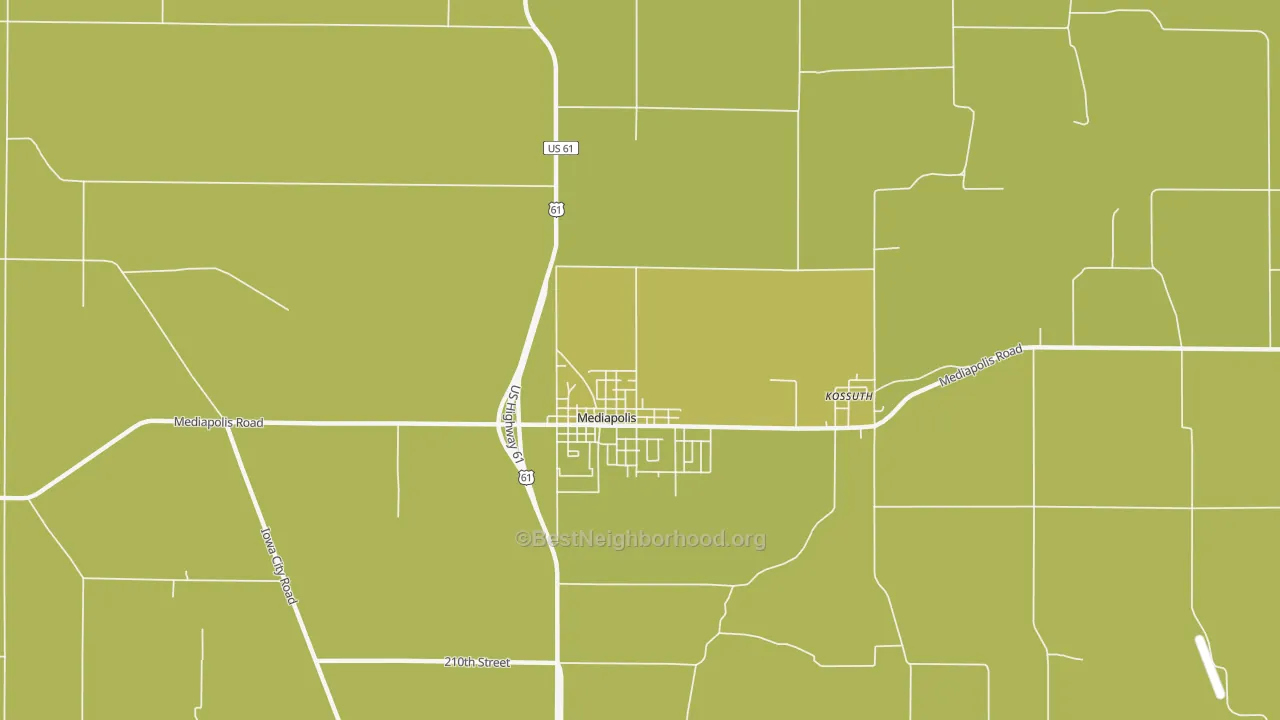 Map of the best neighborhoods in the Kossuth area, with better matches in green and worse matches in red