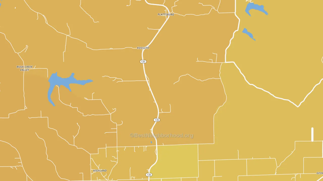 Map of the best neighborhoods in the Kossuth area, with better matches in green and worse matches in red