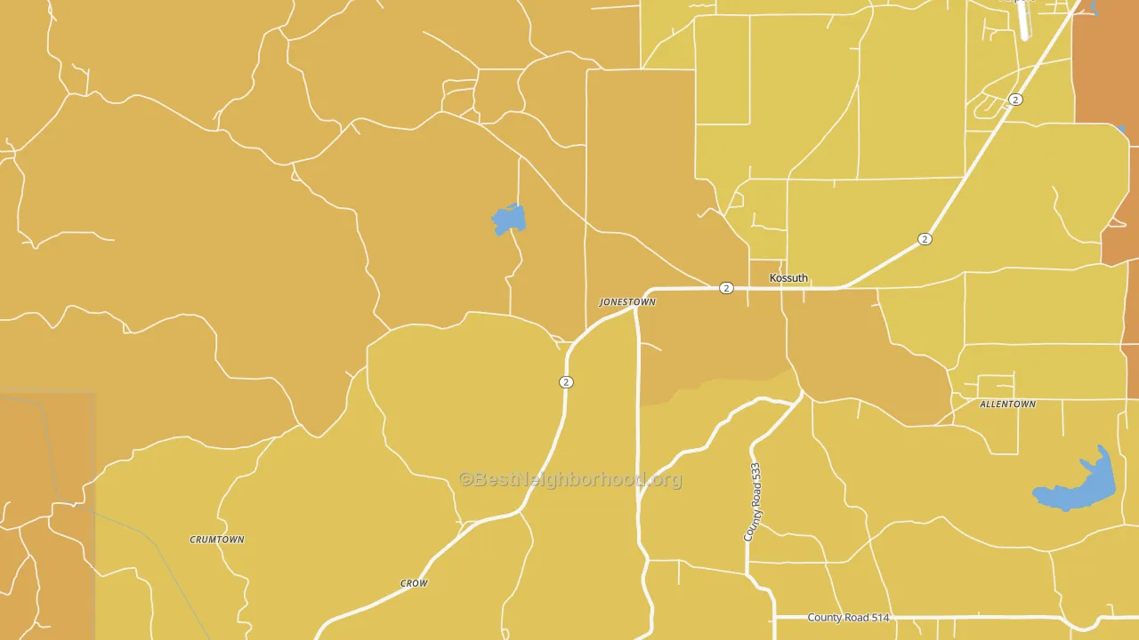 Map of the best neighborhoods in the Kossuth area, with better matches in green and worse matches in red