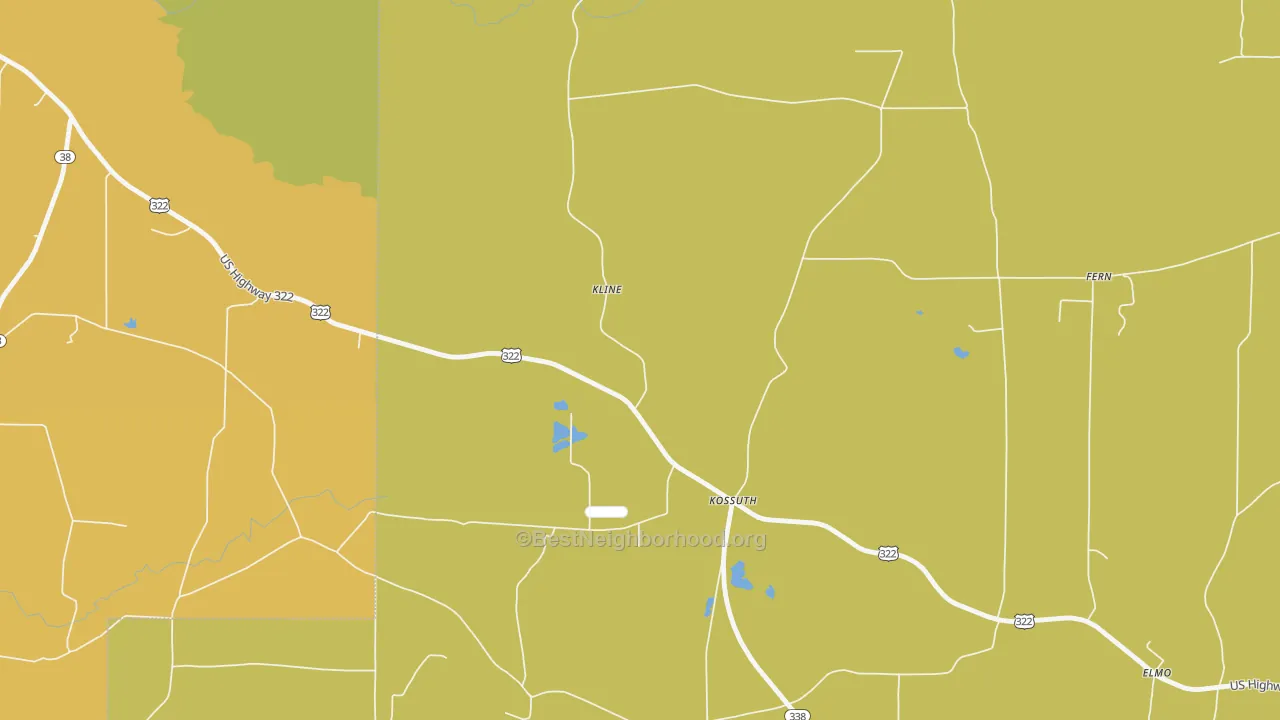 Map of the best neighborhoods in the Kossuth area, with better matches in green and worse matches in red