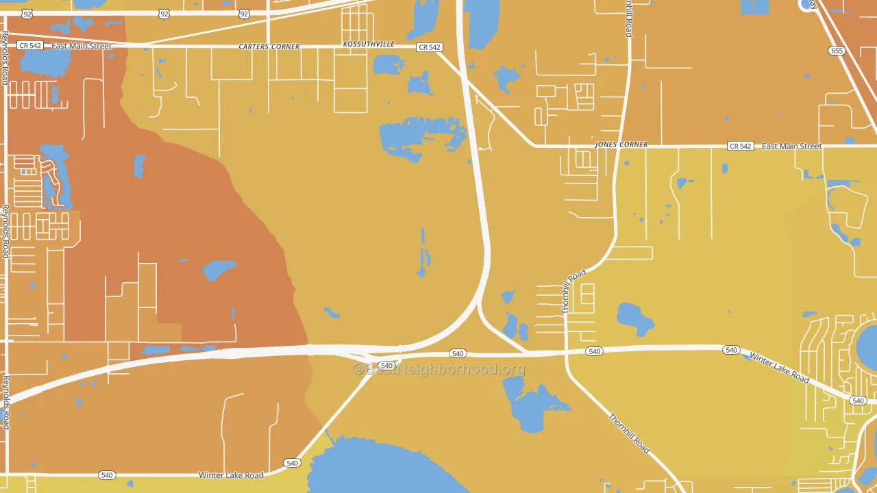 Map of the best neighborhoods in the Kossuthville area, with better matches in green and worse matches in red