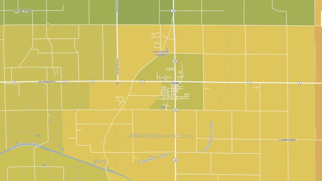 Map of the best neighborhoods in the Kouts area, with better matches in green and worse matches in red