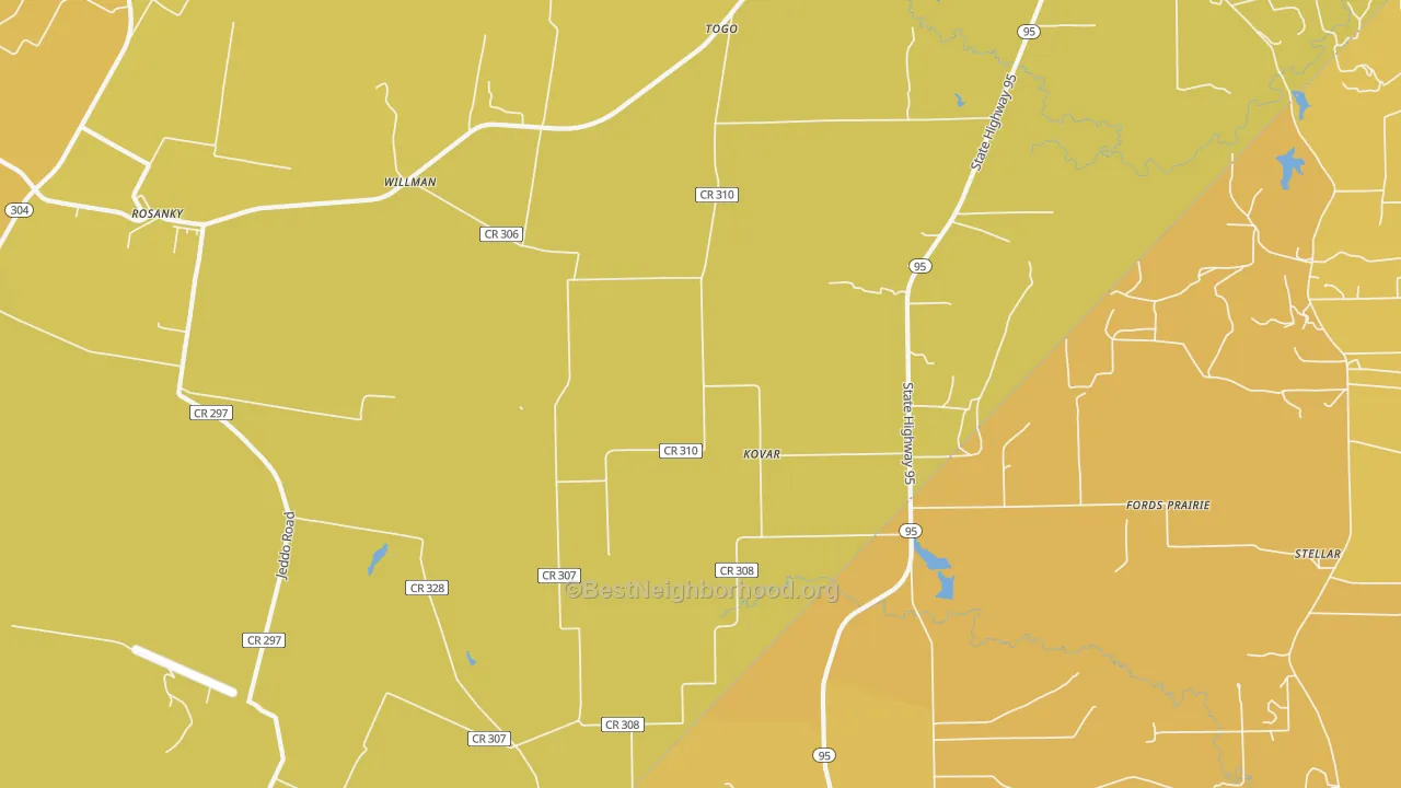 Map of the best neighborhoods in the Kovar area, with better matches in green and worse matches in red