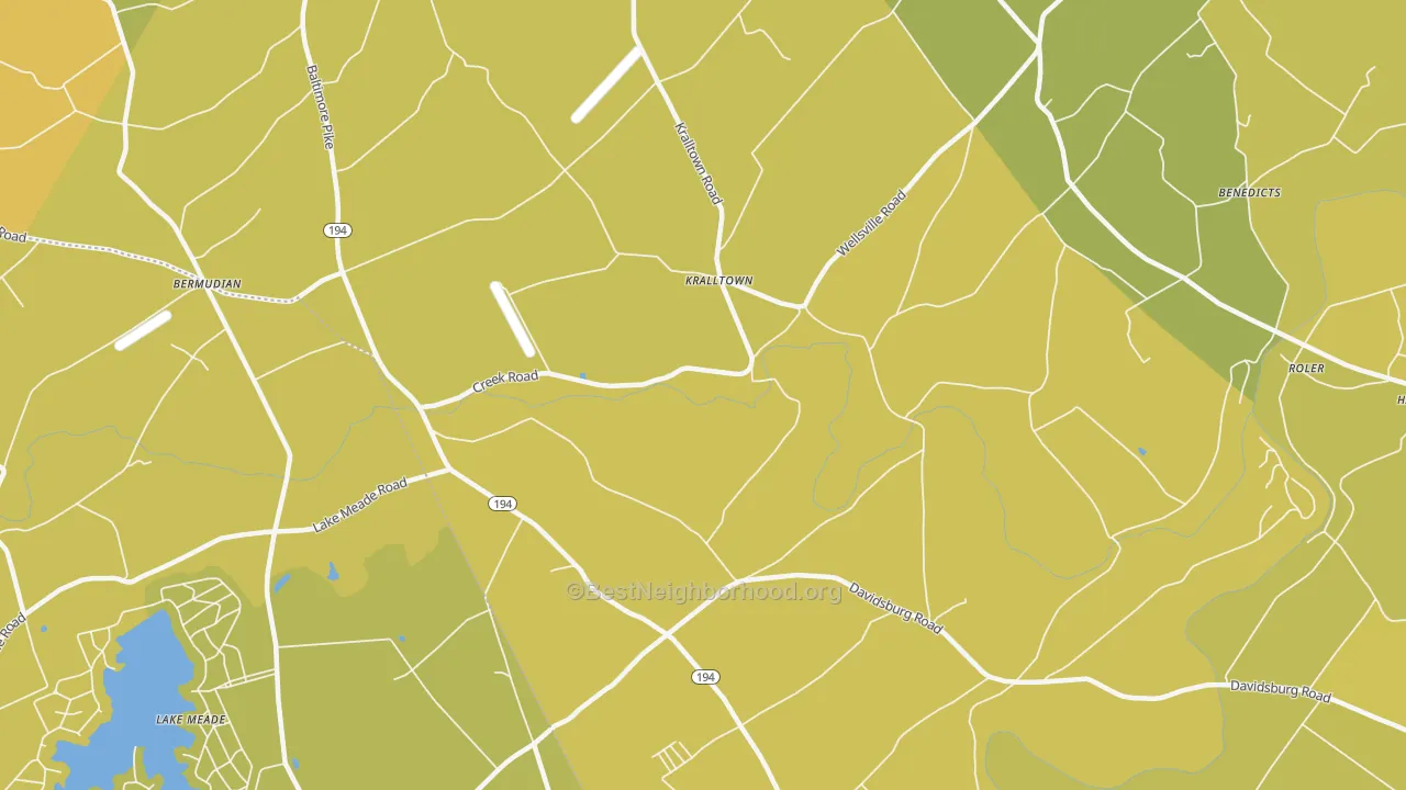 Map of the best neighborhoods in the Kralltown area, with better matches in green and worse matches in red