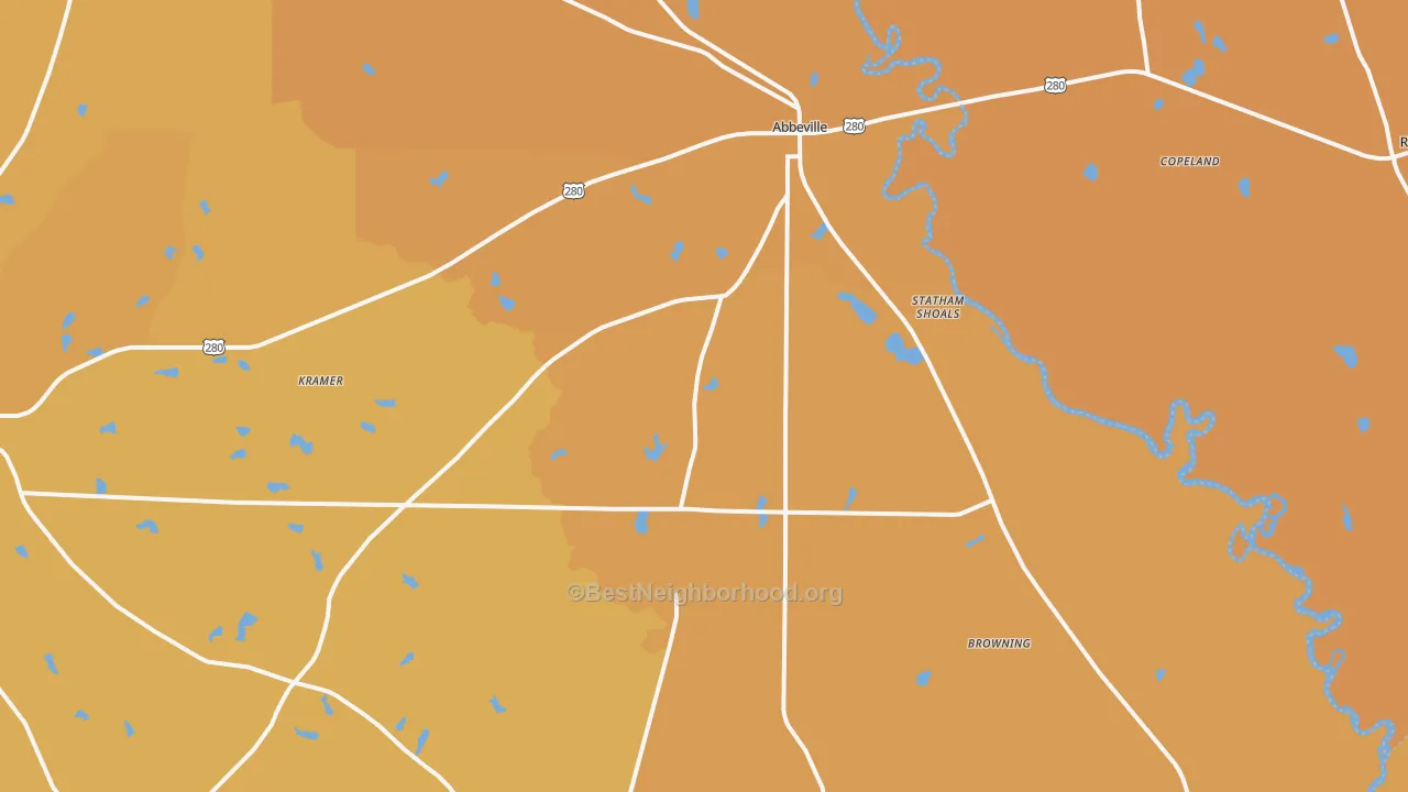 Map of the best neighborhoods in the Kramer area, with better matches in green and worse matches in red