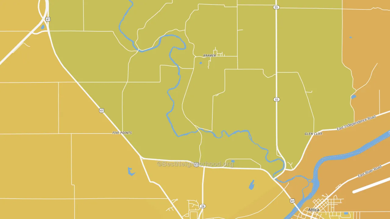 Map of the best neighborhoods in the Kramer area, with better matches in green and worse matches in red