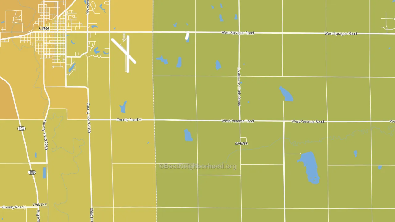 Map of the best neighborhoods in the Kramer area, with better matches in green and worse matches in red