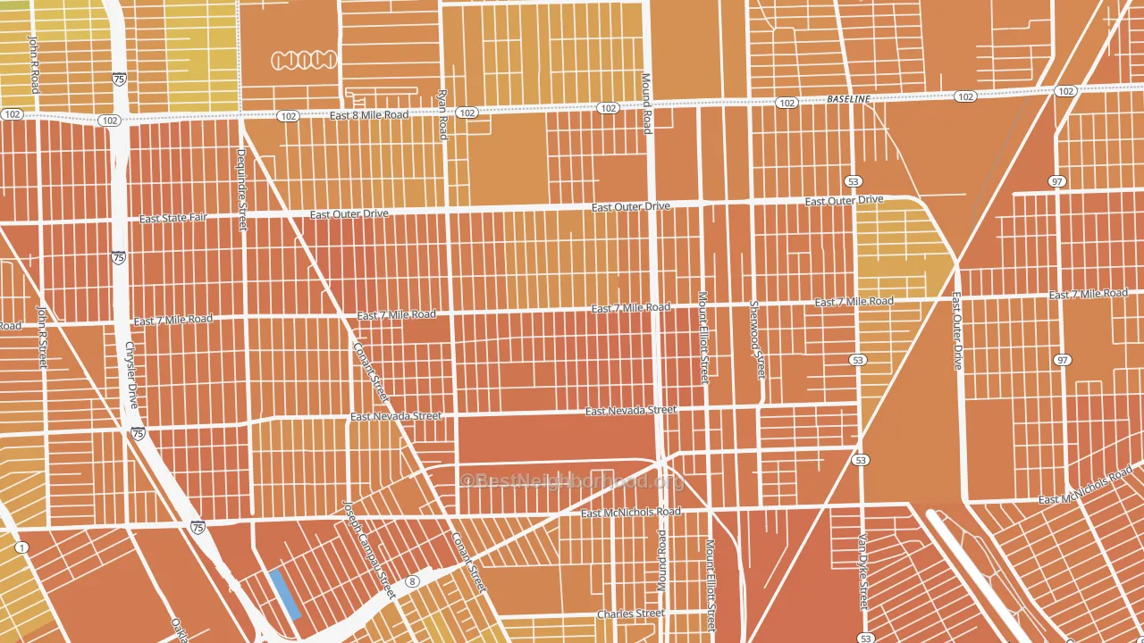 Map of the best neighborhoods in the Kranz Woods, Detroit area, with better matches in green and worse matches in red