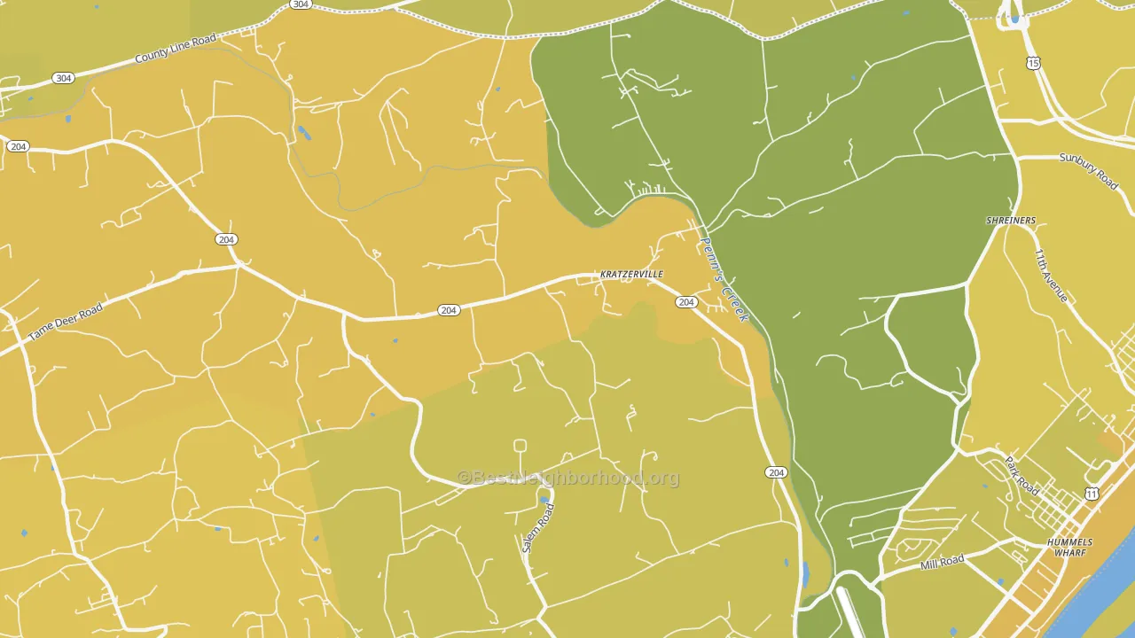 Map of the best neighborhoods in the Kratzerville area, with better matches in green and worse matches in red