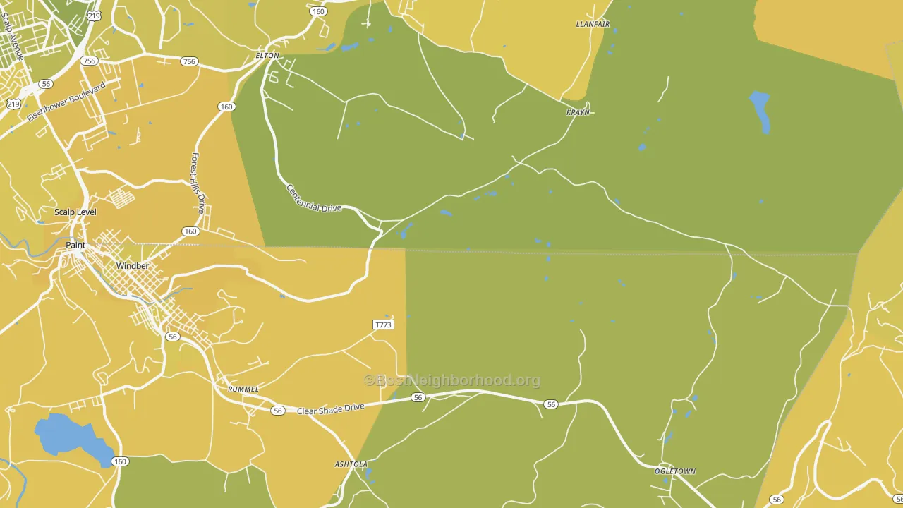 Map of the best neighborhoods in the Krayn area, with better matches in green and worse matches in red
