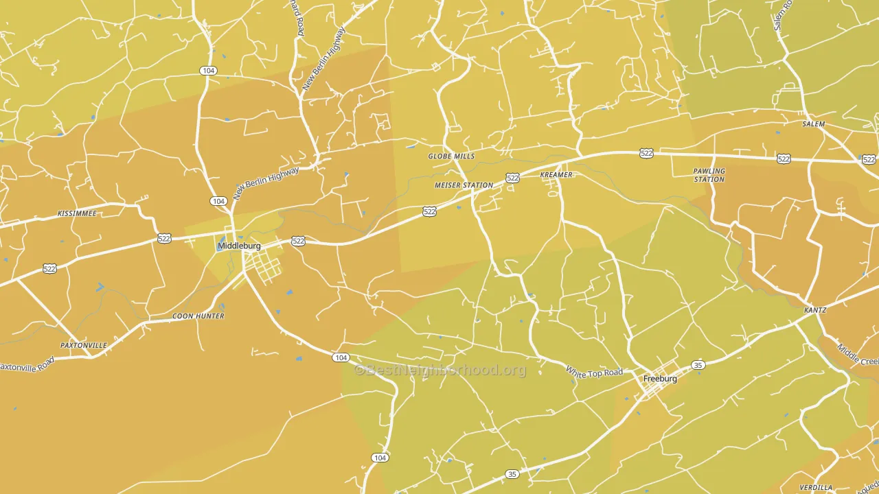Map of the best neighborhoods in the Kreamer area, with better matches in green and worse matches in red