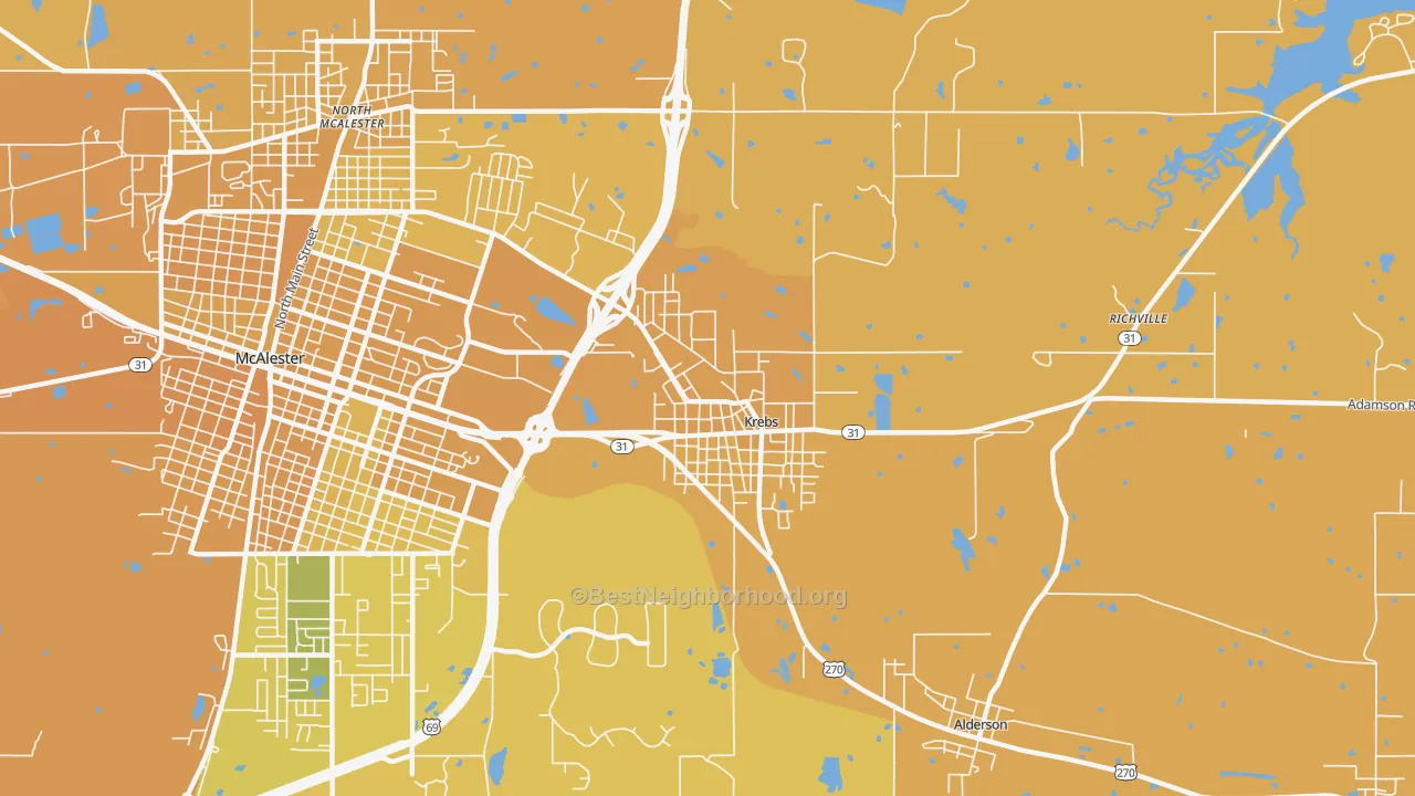 Map of the best neighborhoods in the Krebs area, with better matches in green and worse matches in red