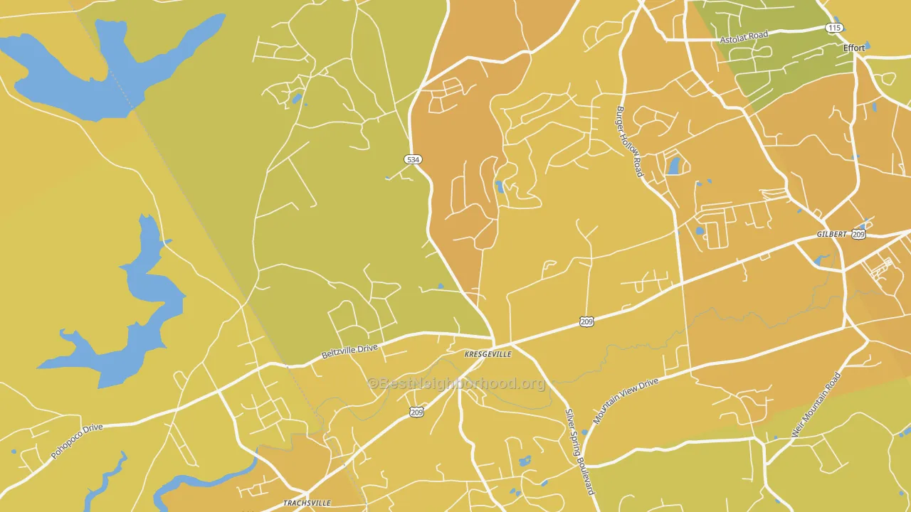 Map of the best neighborhoods in the Kresgeville area, with better matches in green and worse matches in red