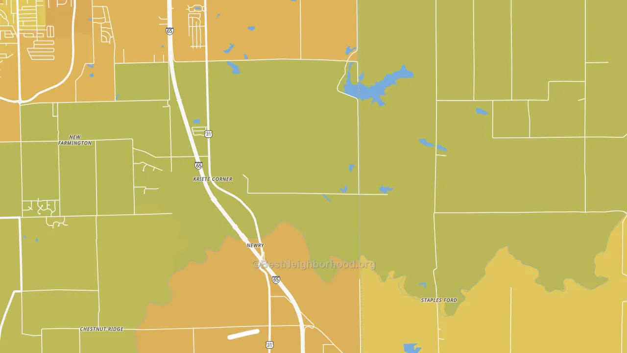 Map of the best neighborhoods in the Kriete Corners area, with better matches in green and worse matches in red