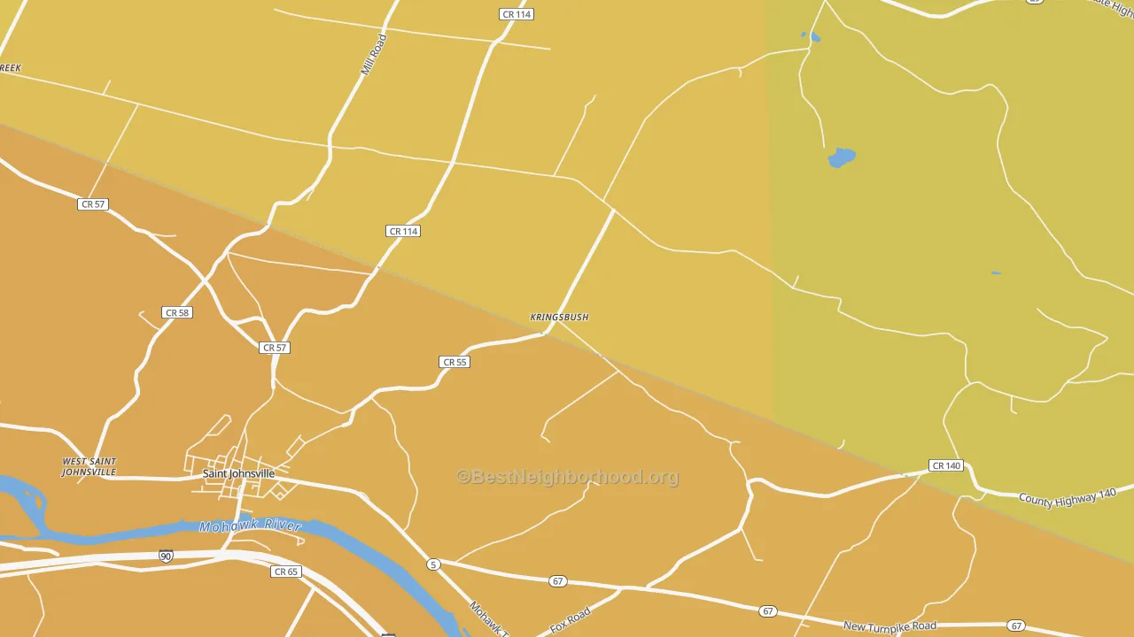 Map of the best neighborhoods in the Kringsbush area, with better matches in green and worse matches in red