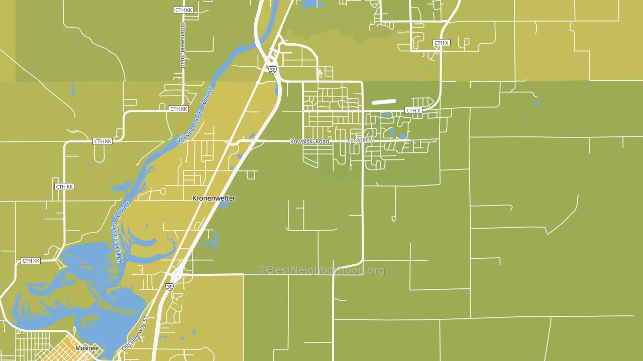 Map of the best neighborhoods in the Kronenwetter area, with better matches in green and worse matches in red